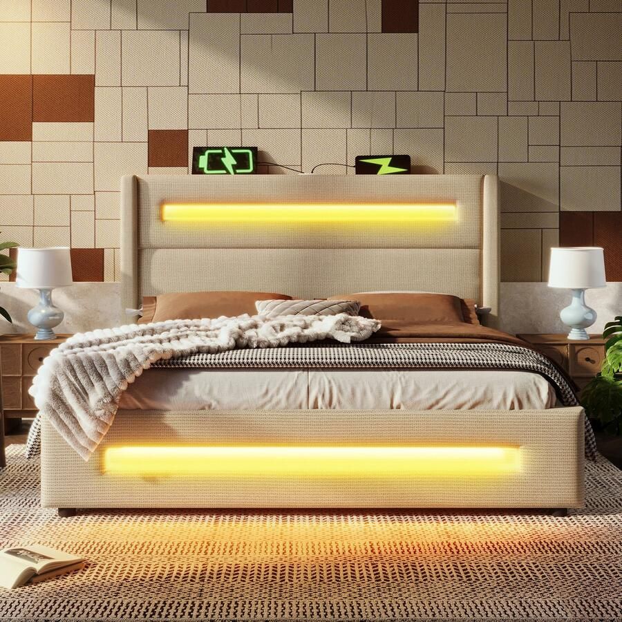 Pugsdrly Gestoffeerd tweepersoonsbed 160x200 cm tienerbed met ledverlichting bed met hydraulische opbergruimte en USB Type-C-oplaadpunt metalen bedframe met houten latten beige linnen inclusief matras