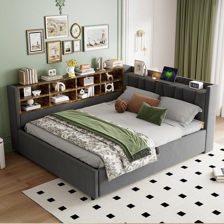 Pugsdrly Gestoffeerde slaapbank 140*200 cm met hydraulische opbergruimte nachtlampje USB-poort en oplaadpoort type C met legplanken en opbergvakken gestoffeerd hoofdeinde multifunctioneel bed in donkergrijs fluweel