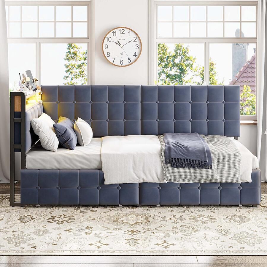 Pugsdrly Gestoffeerde slaapbank 90 x 200 gestoffeerd bed met 2 lades en LED-nachtlampje USB- en Type-C-aansluiting multifunctioneel bootbed voor kinderen grijze eenpersoonsslaapbank