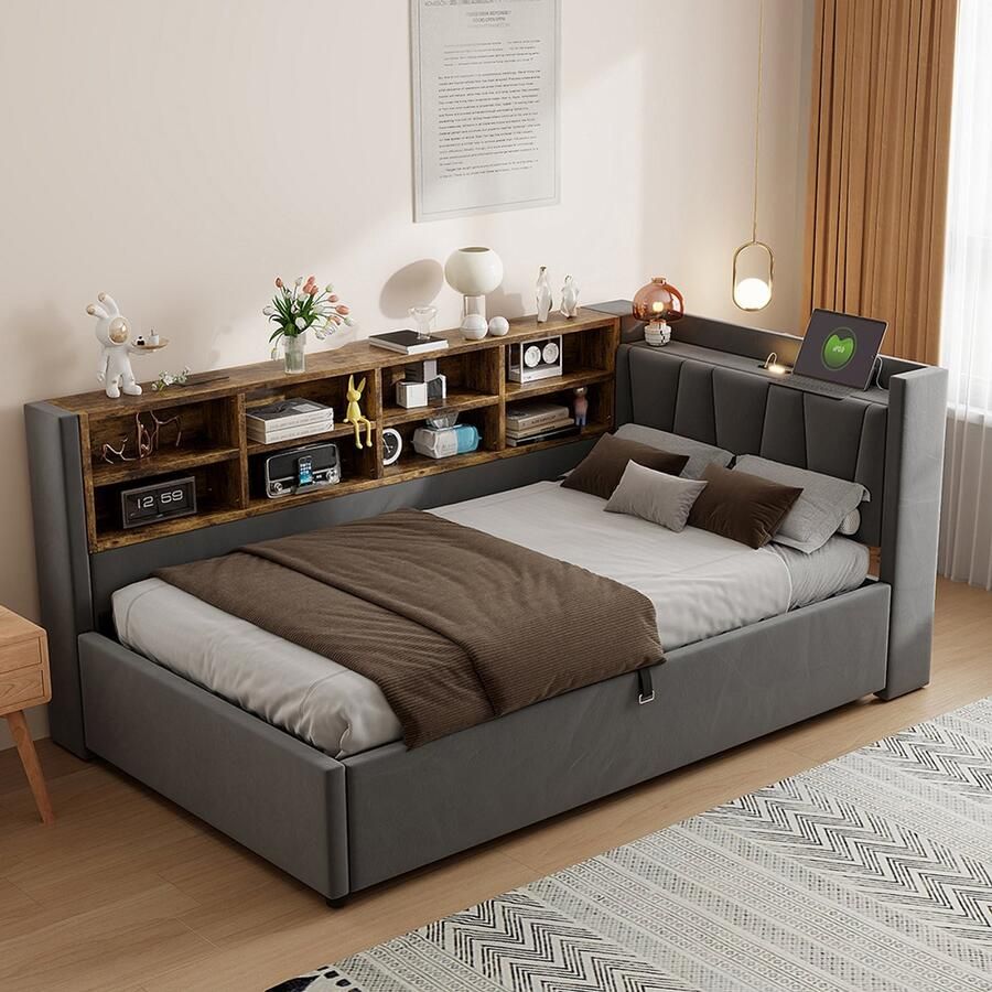 Pugsdrly Gestoffeerde slaapbank 90*200 cm met hydraulische opbergruimte nachtlampje USB-poort en Type-C-oplaadpoort met opbergvakken en opbergvakken gestoffeerd hoofdeinde multifunctioneel bed fluweelstof donkergrijs