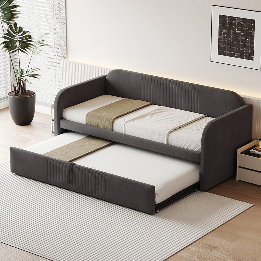 Pugsdrly Gestoffeerde slaapbank Uitschuifbare slaapbank 90 180*190 cm met verticale strepen met lattenbodem multifunctioneel bed comfortabele en ademende linnen stof grijs (matras niet inbegrepen)