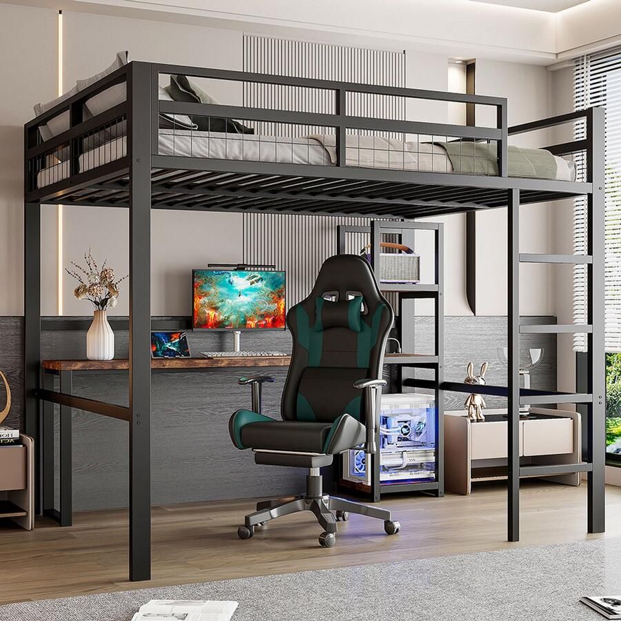 Pugsdrly Hoogslaper 140 x 200 cm ijzeren frame meerdere planken bureau met stopcontact met USB type C reling ladder zonder matras zwart