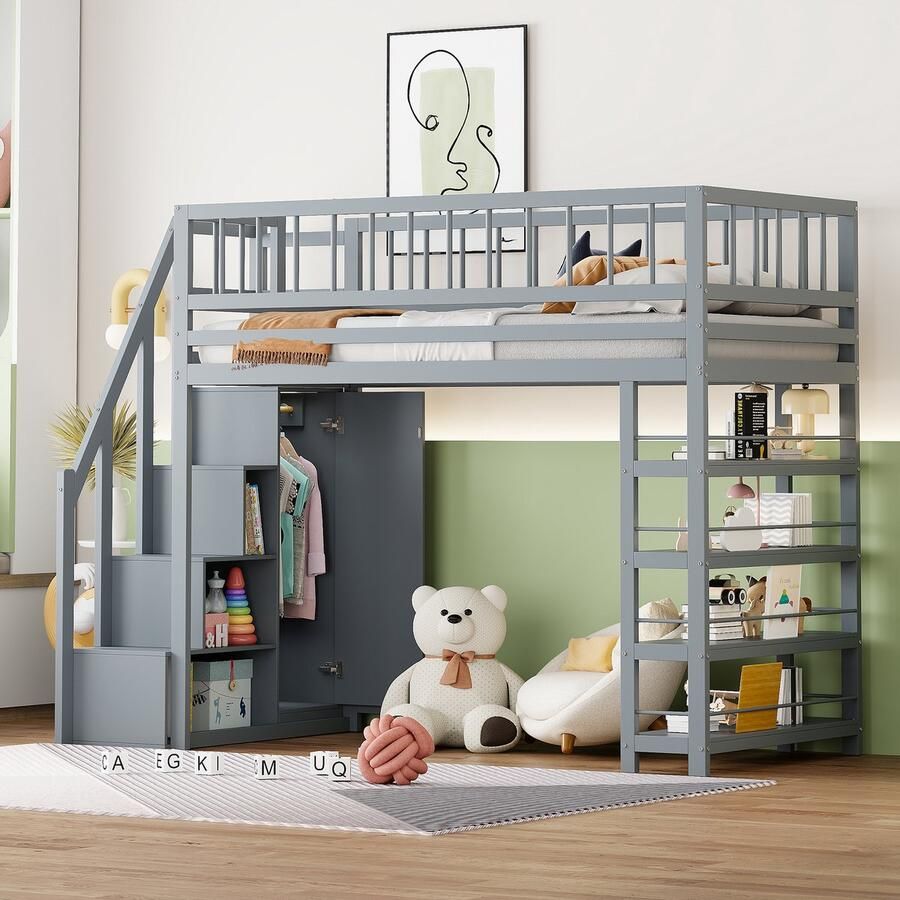 Pugsdrly Hoogslaper 90 x 200 hoog veiligheidshek met kledingkast planken en opbergruimte met veiligheidsladder multifunctioneel bed massief houten bed grijs
