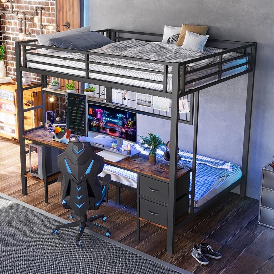 Pugsdrly Hoogslaper 90*200 en 140*200 ijzeren frame lades opbergruimte rek voor ophangen bureau met 7-kleurige ledstrip USB-poort zonder matras zwart