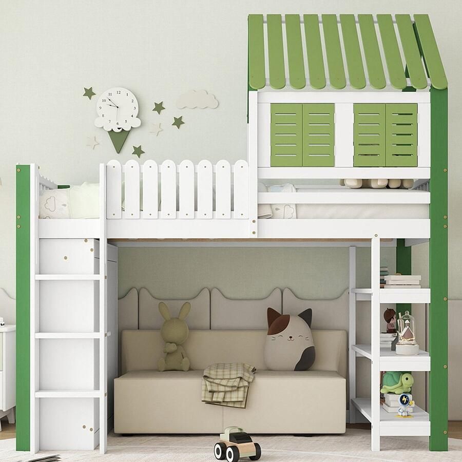 Pugsdrly Hoogslaper kinderbed met veiligheidshek met dak en raam grote opbergruimte met kast open plank met drie niveaus ladder met drie treden grenen + MDF + multiplex wit + groen 90 x 200 cm