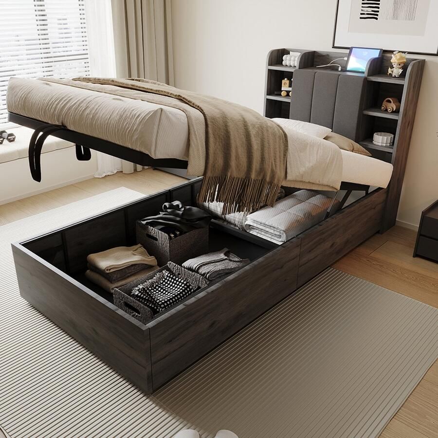 Pugsdrly Houten bed 90 x 200 cm hydraulisch bed hoofdeinde met opbergruimte voorzien van een USB-aansluiting en een C-aansluiting eenpersoonsbed tienerbed grijs (zonder matras)