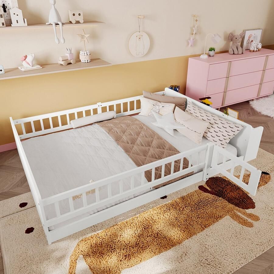 Pugsdrly Houten bed kinderbed 140 x 190 cm wit grenenhout open opbergruimte legplanken te openen behuizing zonder matras - Foto 2