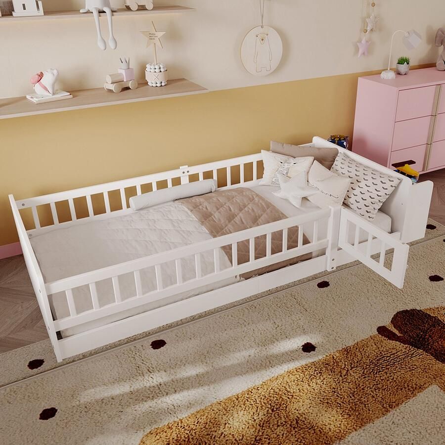 Pugsdrly Houten bed kinderbed 90 x 200 cm grenenhout open opbergruimte planken open structuur zonder matras wit