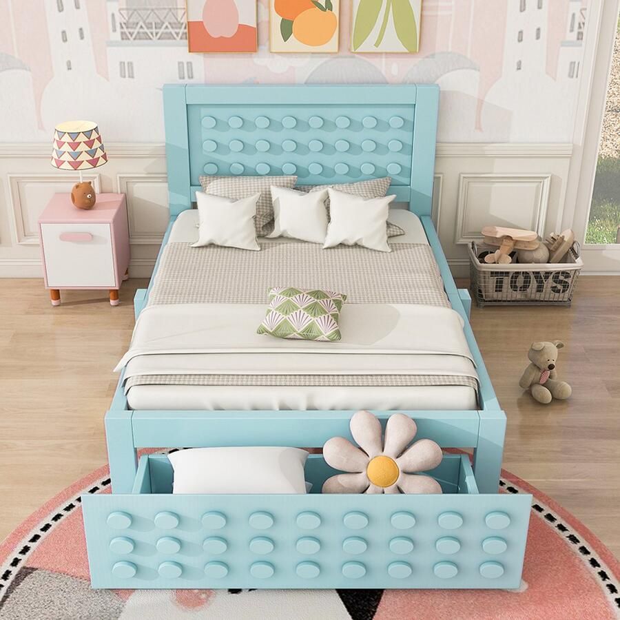 Pugsdrly Houten eenpersoonsbed 90x200 cm kinder- tienerbed met creatief blokdesign massief houten frame met lattenbodem laden en opbergruimte onder het bed zonder matras