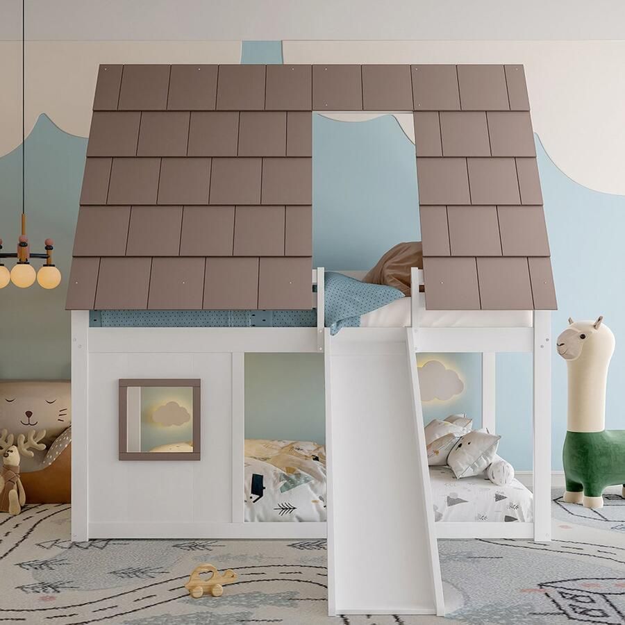 Pugsdrly Houten stapelbed 140 x 200 met dak ladder en glijbaan wit + bruin