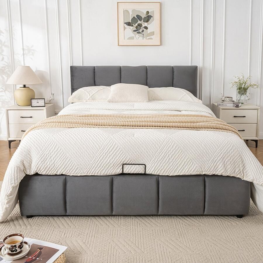 Pugsdrly Hydraulisch verstelbaar bed tweepersoonsbed drie lades verstelbaar hoofdeinde 3 oplaadpunten vierkant hoofdeinde van schuim modern bedframe met opbergruimte fluweel grijs