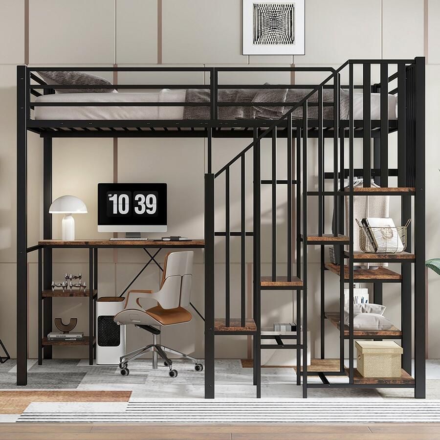 IJzeren bed 120x200cm hoogslaper hoekkast met opbergruimte met tafel en opbergplank met open kledingkast ijzer + MDF zwart + vintage houtkleur