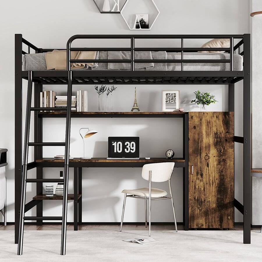 Pugsdrly IJzeren bed stapelbed geschikt voor kinderen en tieners met tafel en kast veel opbergvakken met ladder met 5 treden ijzer + spaanplaat zwart