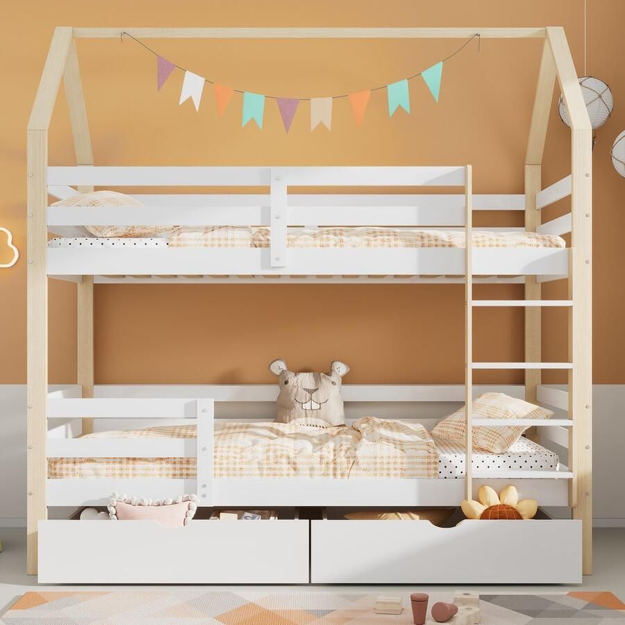 Pugsdrly In en uit bed komen tweepersoonsbed kinderbed in huisvorm grote lades grenenhouten huisbed voor kinderen 90 x 200 cm zonder matras wit + houtkleur