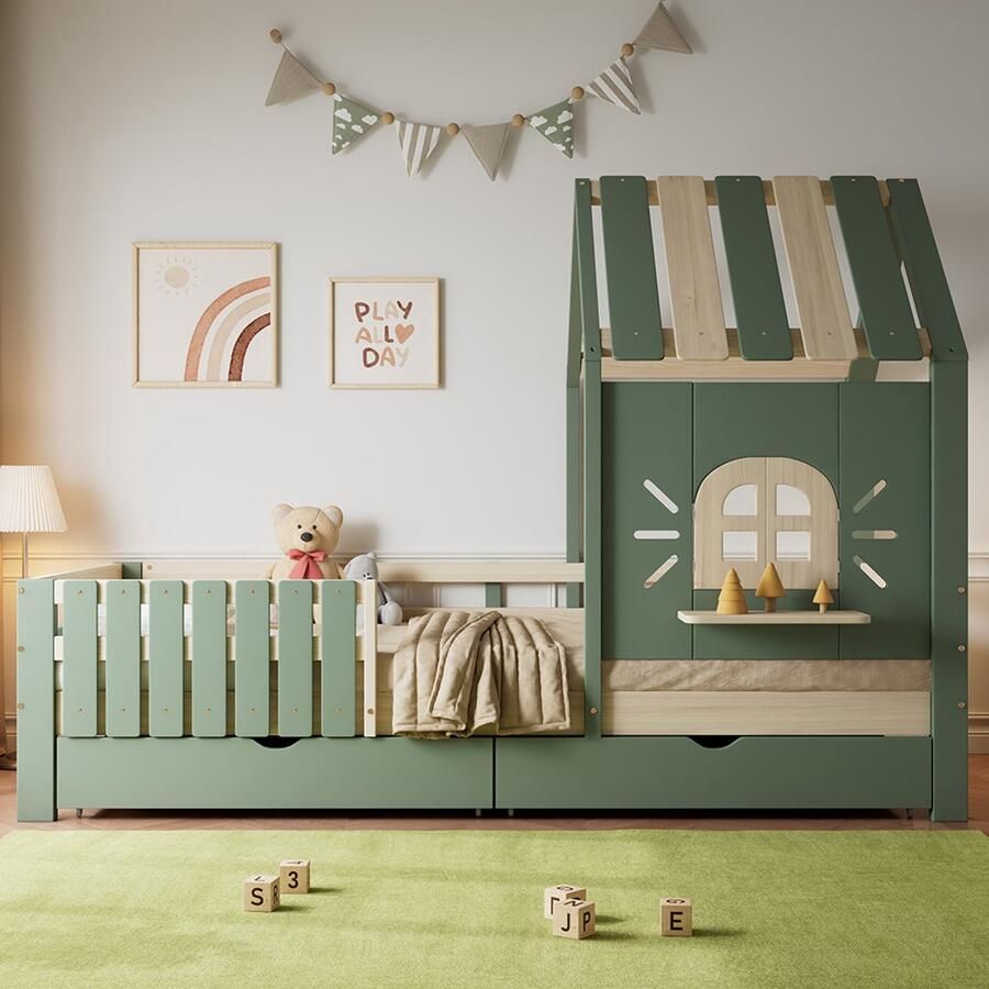 GOTAGEE Kinderbed 90x200cm huisbed met dak en raam met houten vensterbank vierzijdige omheining met 2 lades grenen + MDF groen + naturel