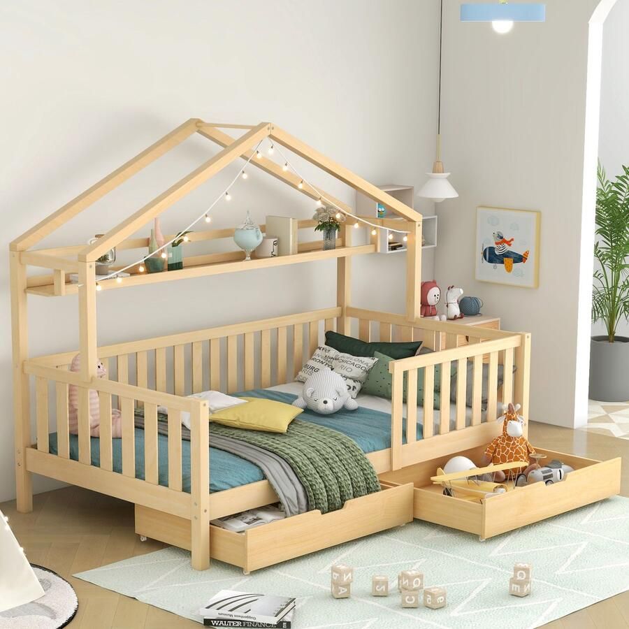 Merax Kajuitbed Kinderbed massief hout met lattenbodem grenen huisbed met lades 90x200cm natuurlijke kleur zonder matras