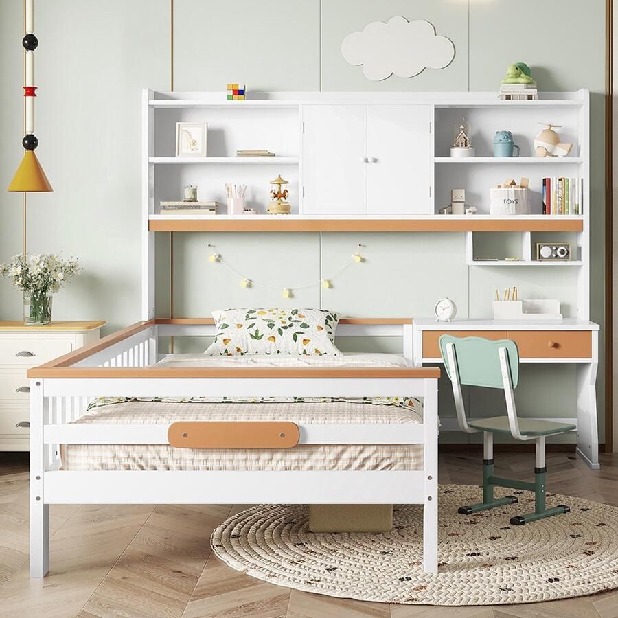 Pugsdrly Kinderbed met opbergkast met tafel en lades met beschermplaat en lattenbodem L-vormig frame wit + naturel grenen + MDF + meerlaags paneel