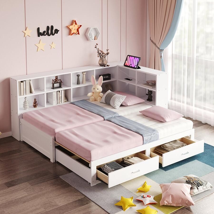 Pugsdrly Massief houten bank 90 180*190 cm met uitschuifbed opbergvak multifunctioneel stopcontact lades lattenbodem multifunctioneel eenpersoonsbed van hout wit