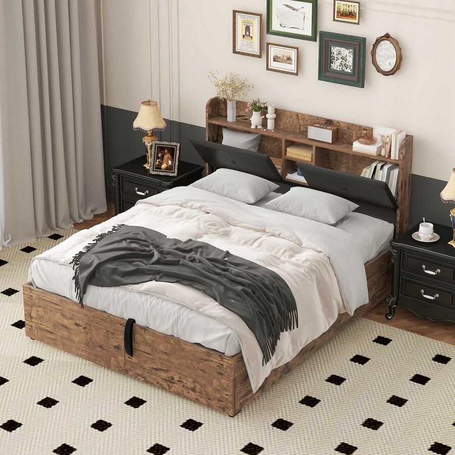 Pugsdrly Metalen bed 160 x 200 cm hydraulisch bed jeugdbedden tweepersoonsbed met opbergruimte in het hoofdeinde en metalen lattenbodem zonder matras voor volwassenen kinderen jongeren houtkleur + zwart