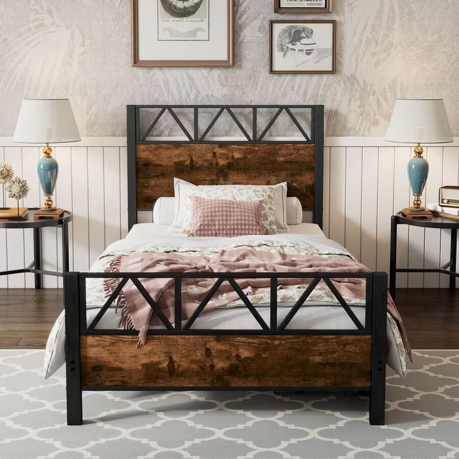 Pugsdrly Metalen bed kinderbed vintage houtkleuren twee lades met wieltjes tieners en volwassenen metalen frame plat bed metaal + MDF zwart + notenhout 90 x 200 cm