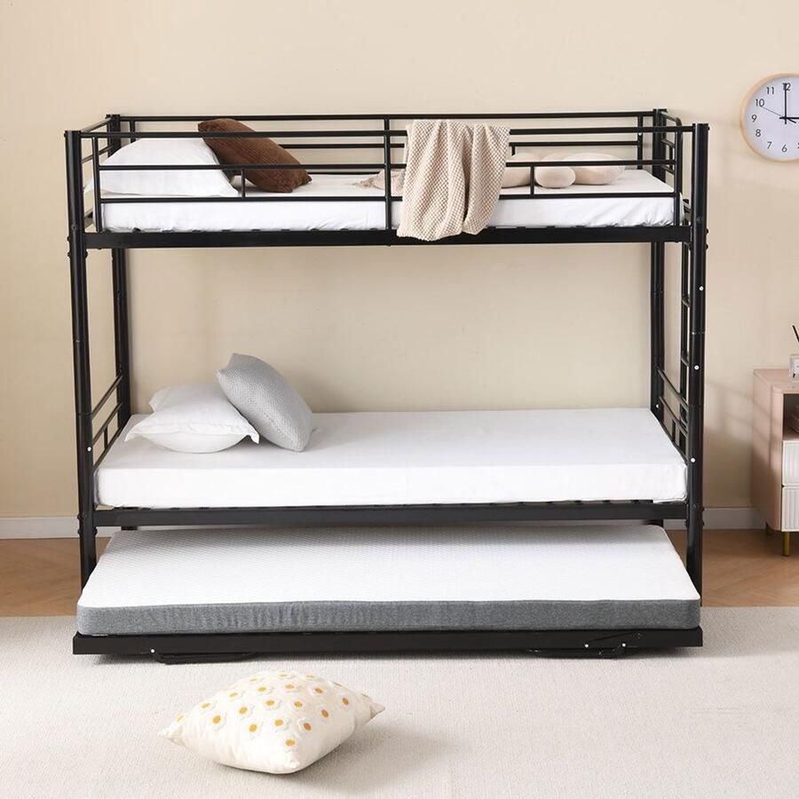 Pugsdrly Metalen stapelbed 90 x 200 cm stapelbed met uitschuifbaar bed om te bouwen tot twee eenpersoonsbedden of een tweepersoonsbed zwart