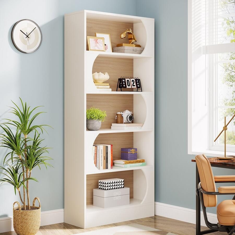 Pugsdrly Moderne boekenkast 180 cm 5 niveaus vrijstaand hoog wit grote open boekenkast met opbergruimte grote boekenkast voor op kantoor thuis of in de klas (wit en notenhout)