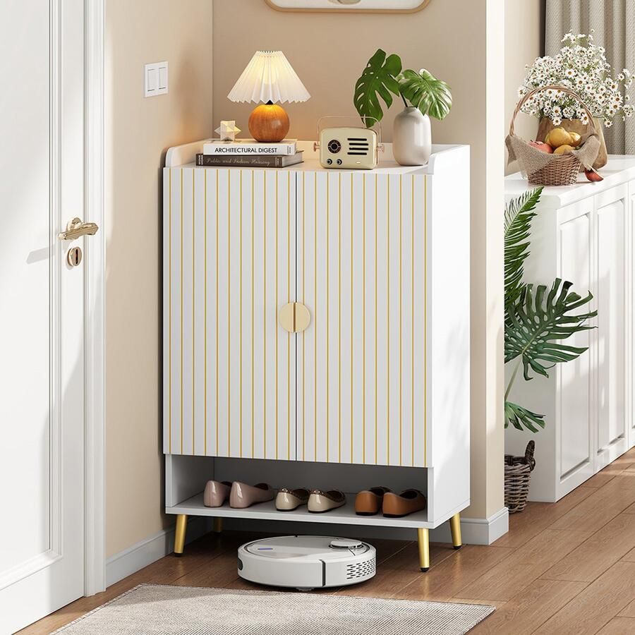 Pugsdrly Moderne schoenenkast met twee deuren halmeubel opbergmeubel schoenenkast van MDF schoenenkast met 3 niveaus wit onderlade open 75*35*105 cm draagvermogen 20 kg