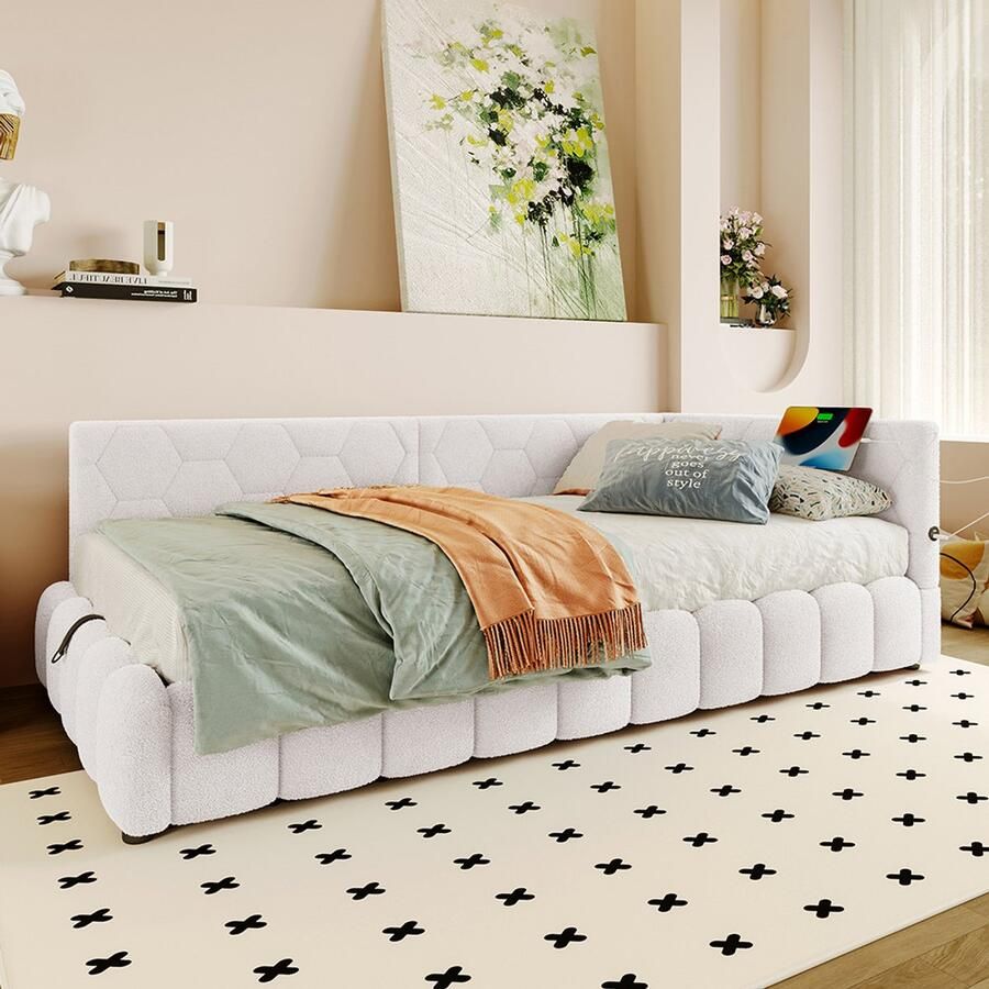 Pugsdrly Rustbed 90*200 cm Rustbed slaapbank bed met lattenbodem (zonder matras) met LED-lichtstrip met hydraulisch hefmechanisme USB-poort type C comfortabel materiaal imitatie fleece wit