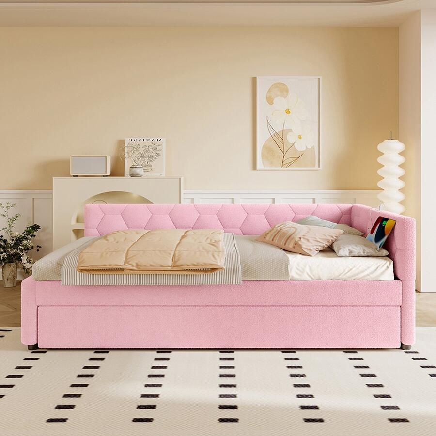 Pugsdrly Rustbed 90*200 cm Rustbed slaapbank bed met lattenbodem (zonder matras) met nachtlampje met multifunctioneel uitschuifbed USB-poort type C comfortabel materiaal imitatie fleece roze