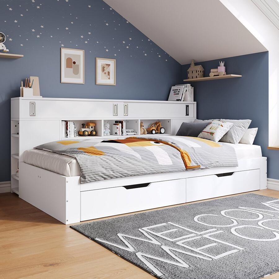 Pugsdrly Rustbed kinderbed 90*200 cm eenpersoonsbed multifunctioneel kinderbed met lades plank en opbergkast bedbak met opbergruimte zonder matras wit