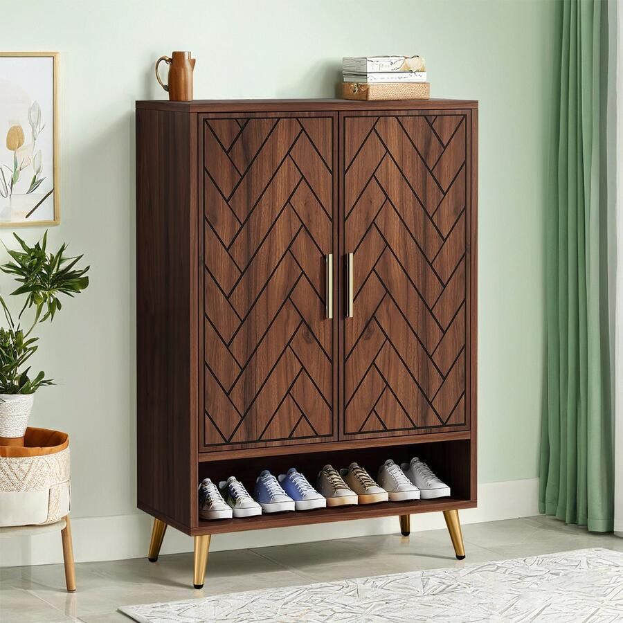 Pugsdrly Schoenenkast met 2 deuren 75 x 37 x 110 cm schoenenrek schoenenkast voor 25 paar schoenen smalle houten plank organizer voor de hal gangkast woonkamer (notenhout)