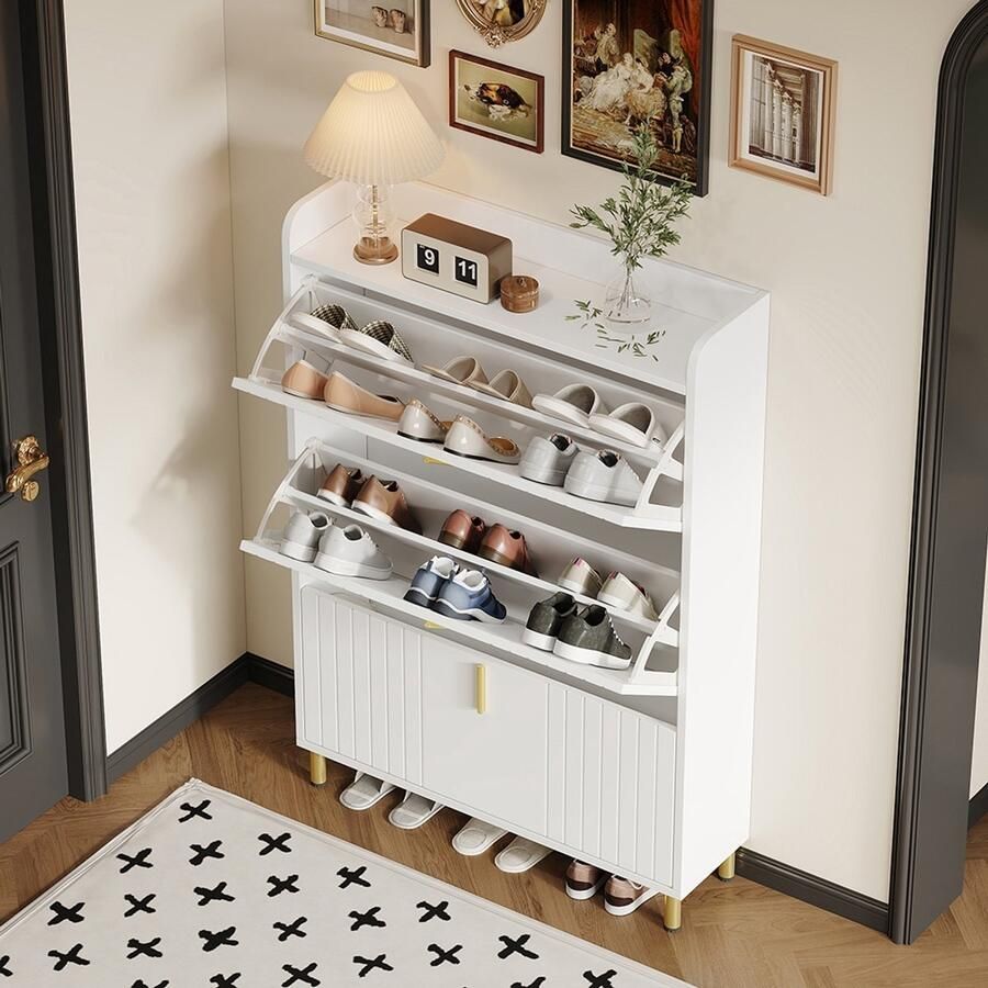 Pugsdrly Schoenenkast met 3 deuren smalle schoenenrek met 6 vakken witte schoenenkast verstelbaar kantelbeveiliging voor de ingang 80*23 5*123 5 cm