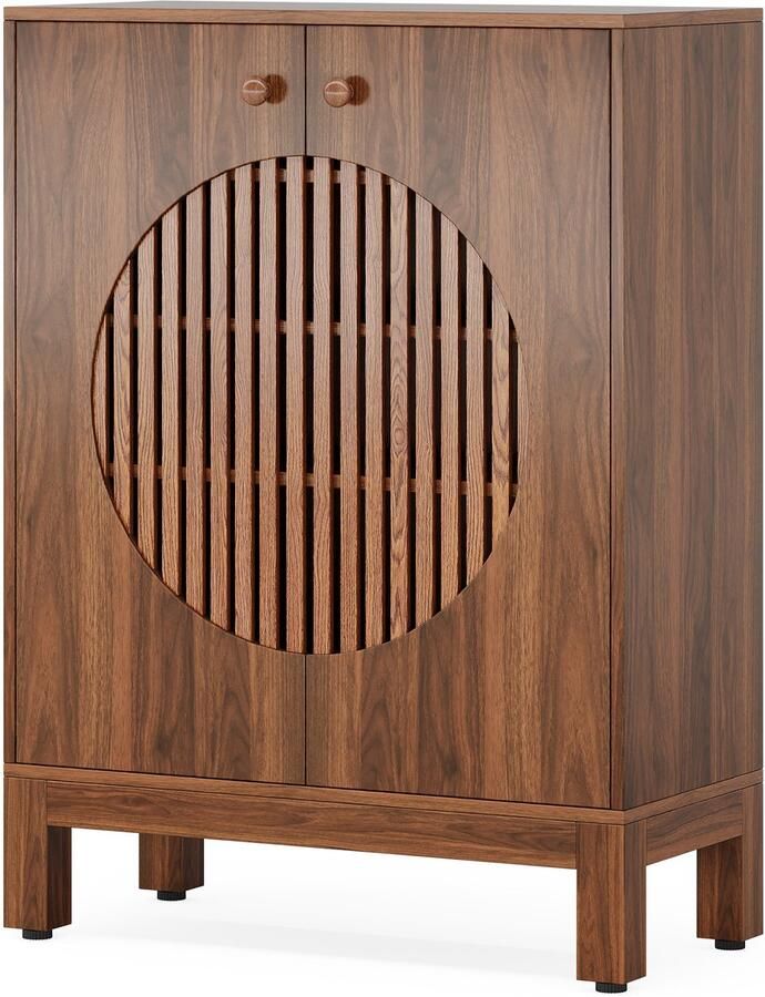 Pugsdrly Schoenenkast met 5 niveaus en ronde lamellendeuren schoenenkast in boerderijstijl voor 20 paar met verstelbare planken houten rek voor de hal gang woonkamer (bruin)