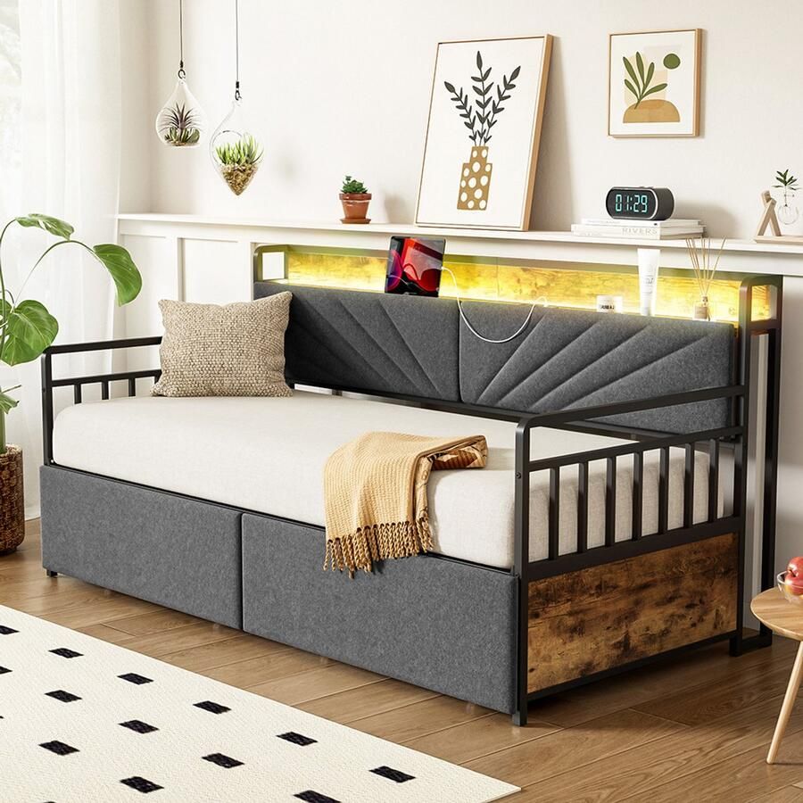 Pugsdrly Slaapbank van ijzer 90*200 cm met ledverlichting en opbergruimte met lades en multifunctionele stopcontacten eenpersoonsbed van ijzer bed voor tieners zwart