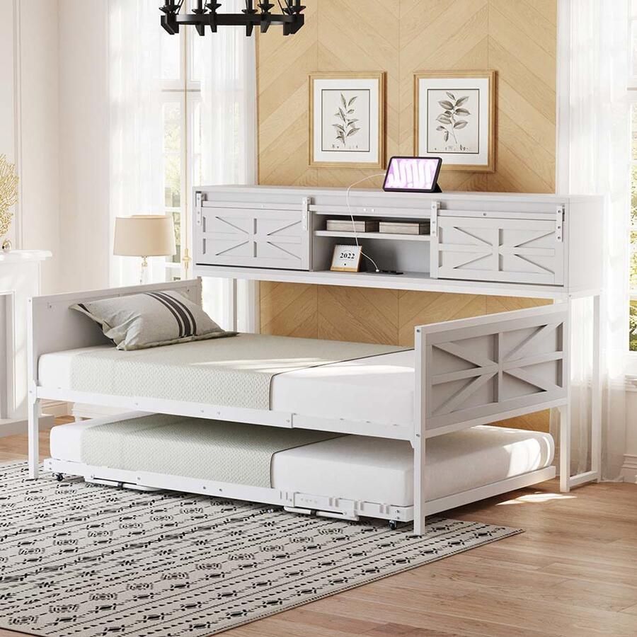 Pugsdrly Slaapbank van ijzer 90*200 cm uitschuifbare slaapbank met meerdere opbergvakken en multifunctionele stopcontacten strijkijzer Eenpersoonsbed bed voor tieners wit