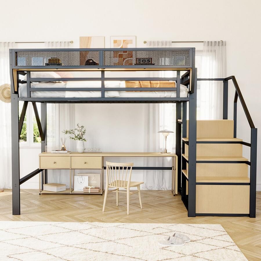 Pugsdrly Stapelbed 140x200 met veiligheidsladder en flexibel opbergvak metalen bed voor volwassenen stapelbed voor kinderen zwart