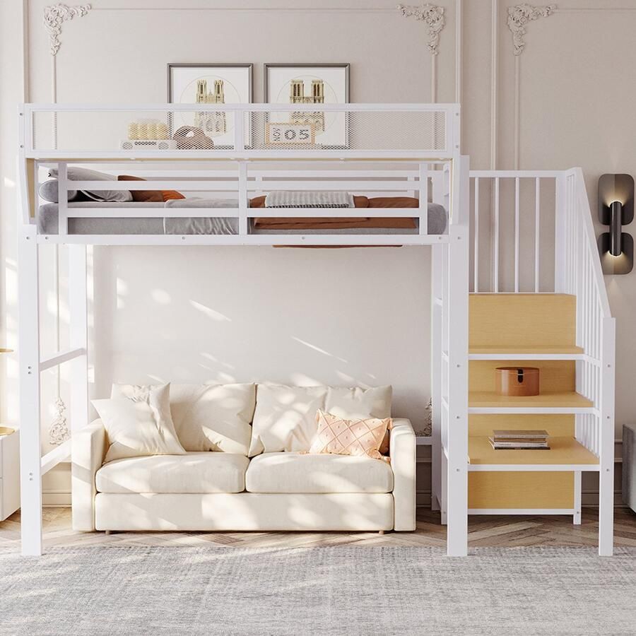 Pugsdrly Stapelbed 90x200 met veiligheidsladder en flexibel opbergvak metalen bed voor volwassenen stapelbed voor kinderen wit