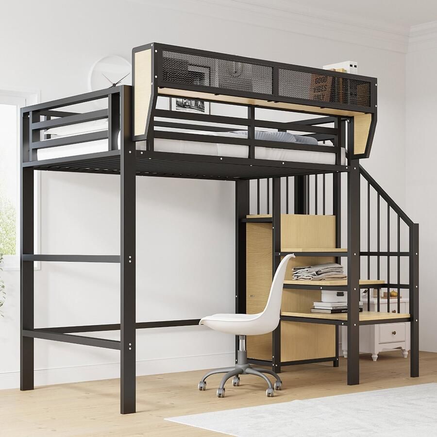 Pugsdrly Stapelbed 90x200 met veiligheidsladder en flexibel opbergvak metalen bed voor volwassenen stapelbed voor kinderen zwart