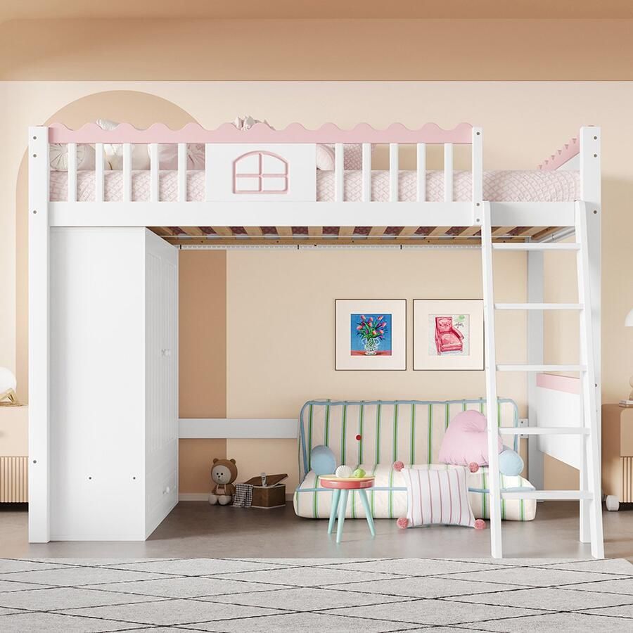 Pugsdrly Stapelbed eenpersoonsbed (zonder matras) kinderbed met ledlampen met kast met opberglade EN747-gecertificeerd grenenhout 90 x 200 cm wit