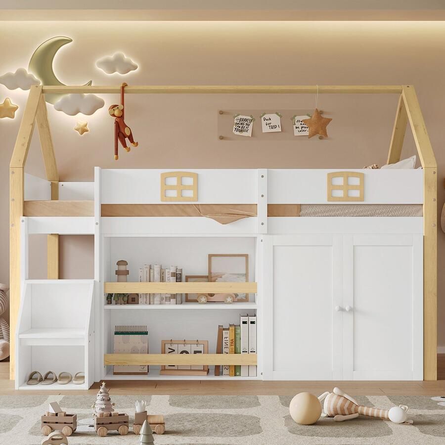 Pugsdrly Stapelbed houten bed hoogslaper veiligheidsladder met twee treden veel opbergruimte met planken en kast fraai dak en raam stevige veiligheidshekken wit + naturel 90 x 200 cm
