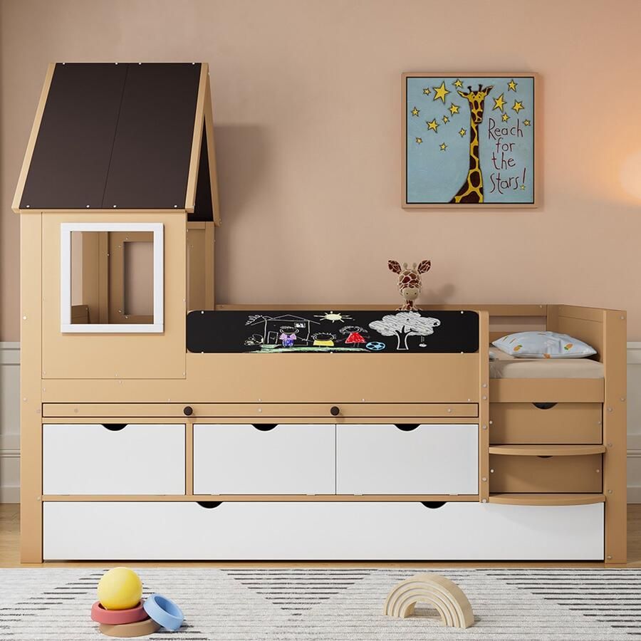 Pugsdrly Stapelbed hutbed met lades en uitschuifbaar bed met uitschuifbare tafel veel opbergruimte houten bed met raam grenen frame graffitischilderij grenen + MDF wit + naturel