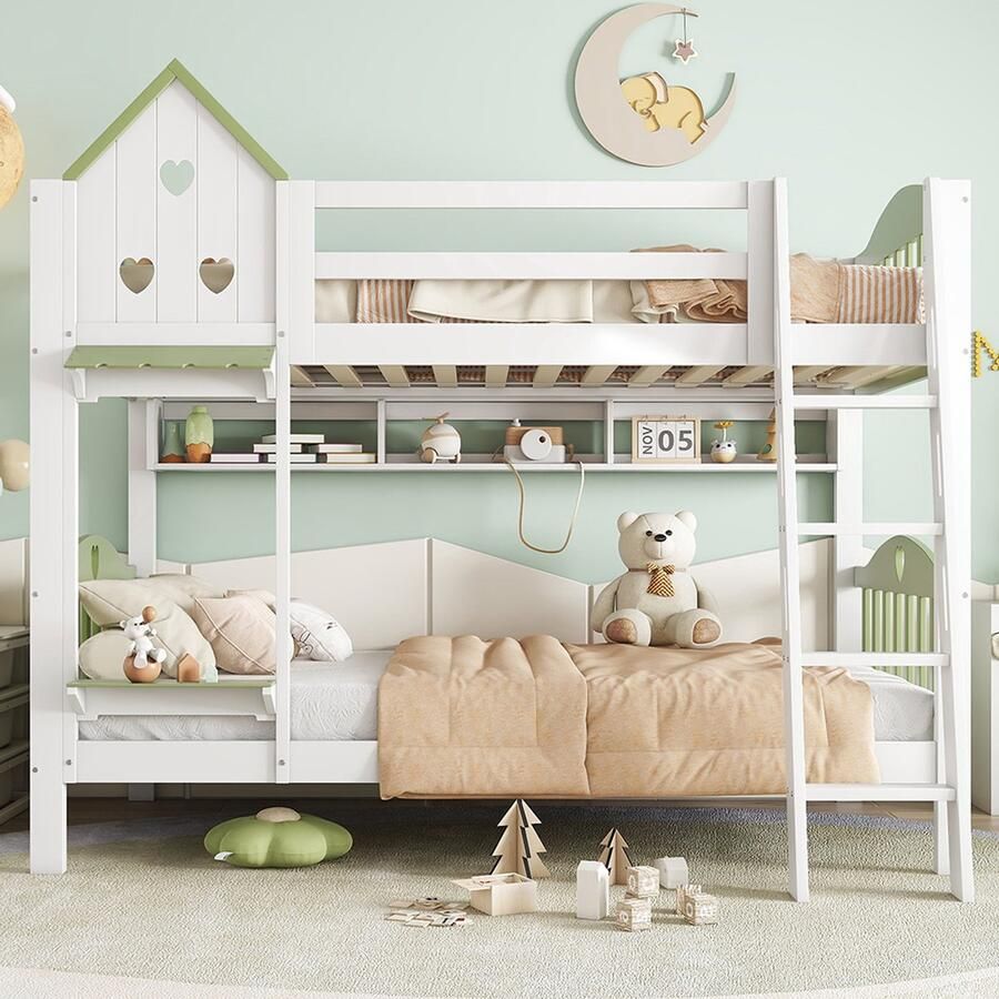 Pugsdrly Stapelbed kinderbed met valbeveiliging en spijlen met dak en raam open plank massief houten hekwerk met ladder met vier treden massief houten frame grenen + MDF wit + groen