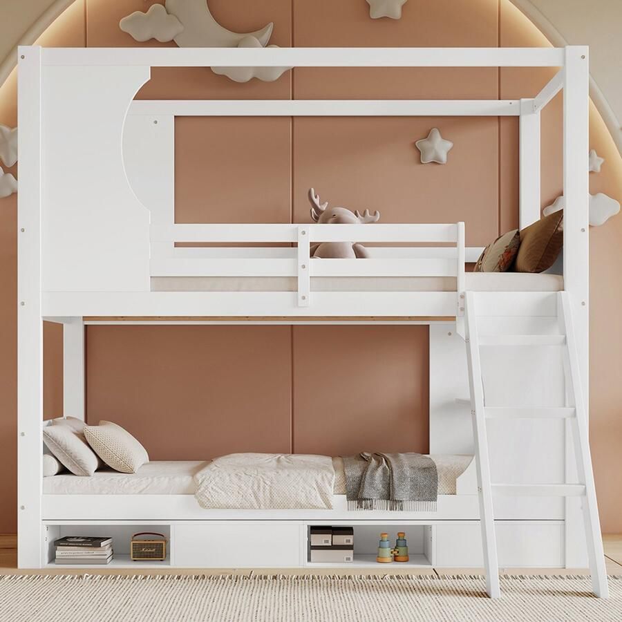 Pugsdrly Stapelbed kinderbed met veiligheidshek met tafel schoenenkast met vier vakken veel opbergruimte schuine ladder met drie treden grenen + MDF + multiplex wit 90 x 200 cm