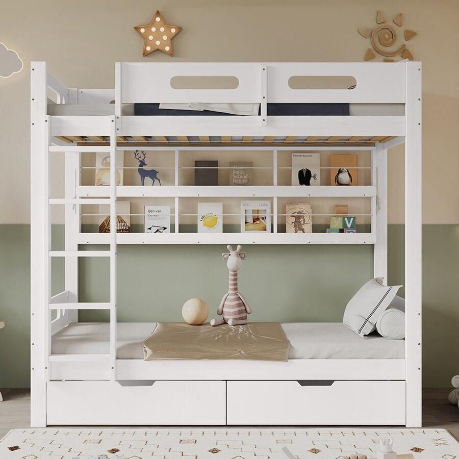 Pugsdrly Stapelbed kinderbed met veiligheidshek twee lades op wieltjes open plank ladder met vijf treden veel opbergruimte grenen + MDF wit 90 x 200 cm