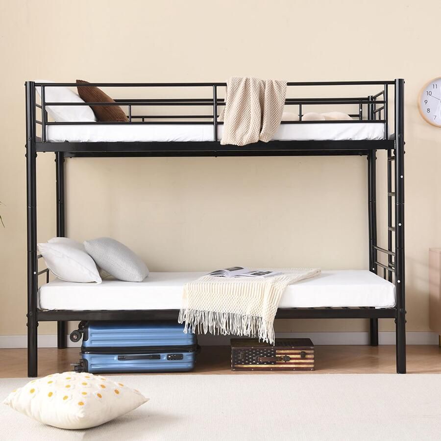 Pugsdrly Stapelbed voor kinderen 90 x 200 cm Bunk Bed Kids met veiligheidshekken om te bouwen tot 2 eenpersoonsbedden stapelbed met lattenbodem antislip trap zwart