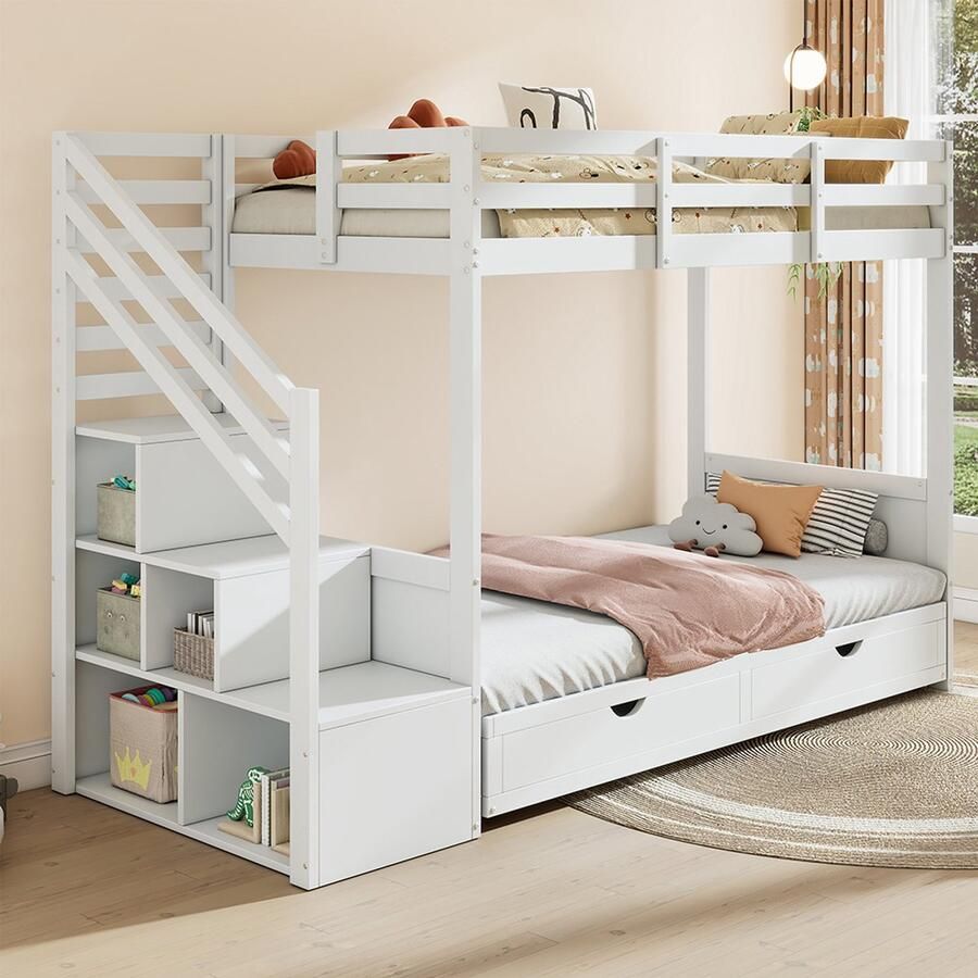 Pugsdrly Stapelbed voor kinderen tweepersoonsbed multifunctioneel kinderbed met kast onder de trap en 2 lades zonder matras het onderste niveau kan worden gebruikt als bed of bank en is inclusief kussens wit 90*200