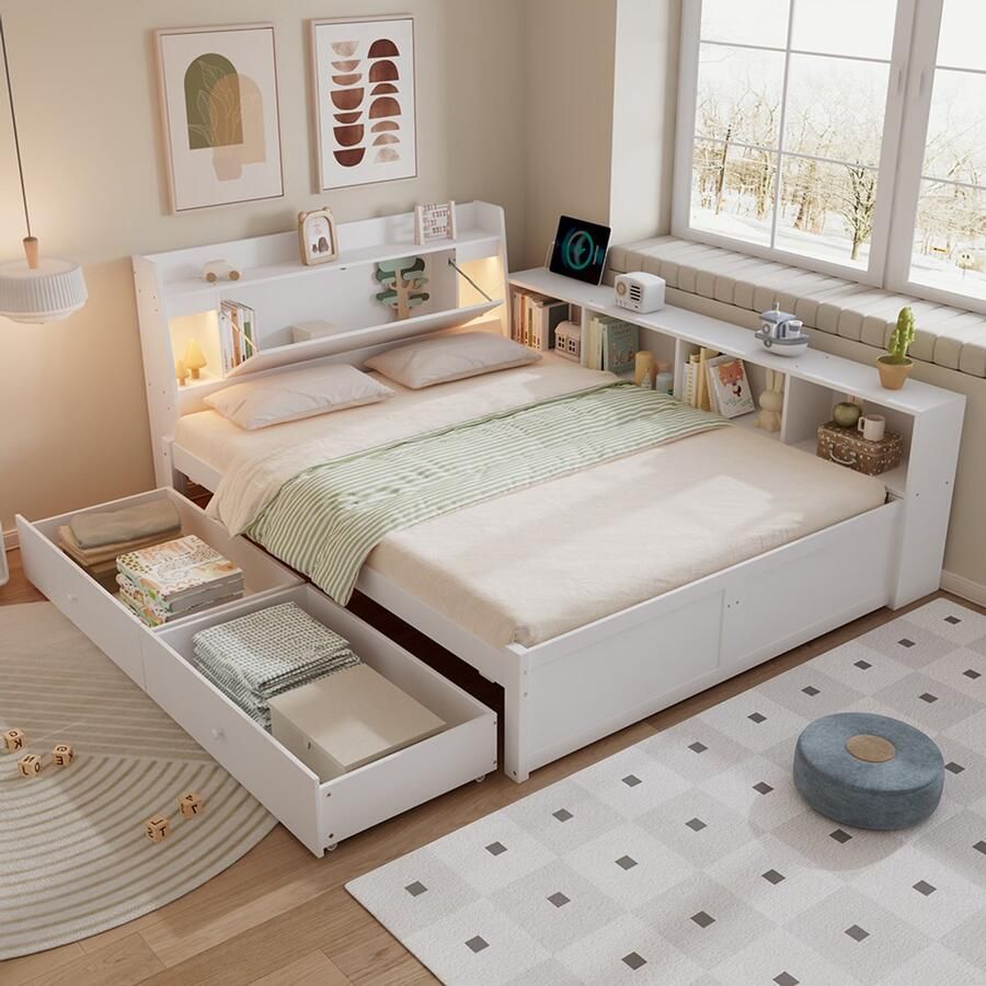 Pugsdrly Tweepersoonsbed paneelbed hoofdeinde met opbergvak + 2 lampen met oplaadpunt opbergvakken aan de zijkant en lades grenen + spaanplaat + MDF wit 140 x 200 cm