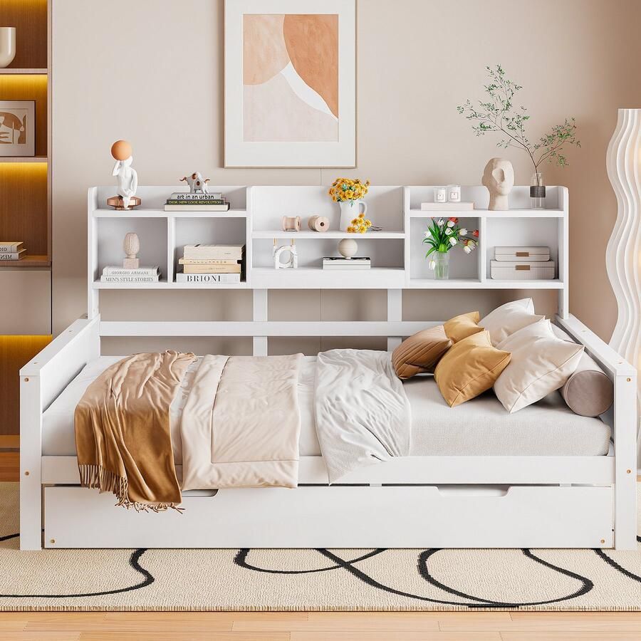 Pugsdrly Uitschuifbare slaapbank 140*200 cm van massief hout uitschuifbaar bed 90*190 cm met opbergvak en lattenbodem grenen Multifunctioneel bed wit