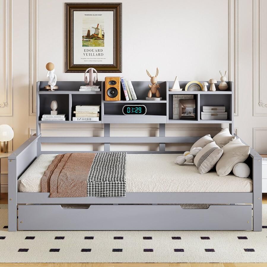 Pugsdrly Gotagee Uitschuifbare slaapbank 140x200CM massief hout uitschuifbaar bed 90x190CM met opbergvak en lattenbodem multifunctioneel bed van dennenhout grijs - Foto 2