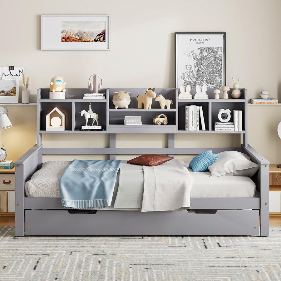 Pugsdrly Uitschuifbare slaapbank 90*200 cm van massief hout uitschuifbaar bed 90*190 cm met opbergvak en lattenbodem grenen Multifunctioneel bed eenpersoonsbed grijs